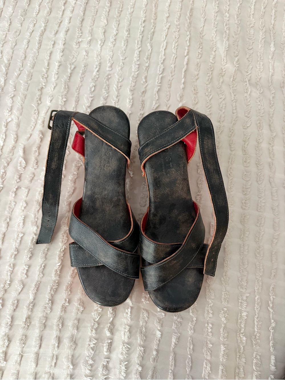 BED STU Black Leather Platform Sandals with Wooden Block Heel - Picture 2 of 5